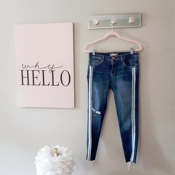 NWOT Zara blue mid-rise skinny denim jeans with sparkly racer stripe detail, 6 - Picture 3 of 9